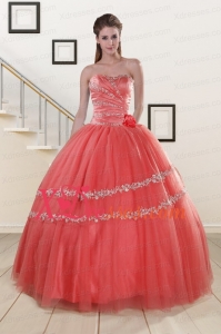 Vintage Strapless Beaded Watermelon Quinceanera Dresses with Lace up