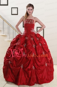 Vintage Strapless Wine Red Appliques Quinceanera Dresses with Pick Ups