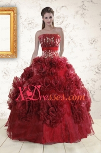Vintage Wine Red Quinceanera Dresses with Hand Made Flowers