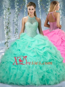 Beautiful Halter Top Beaded and Ruffled Lovely Quinceanera Dress in Mint