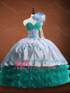 Elegant Embroidered and Patterned Organza and Taffeta Quinceanera Dress in Turquoise and White
