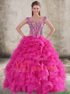 Perfect Ruffled and Beaded Bodice Straps Hot Pink Quinceanera Dresses