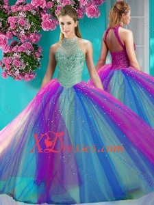 Exclusive Halter Top Really Puffy Sweet 16 Dress with Beading and Appliques