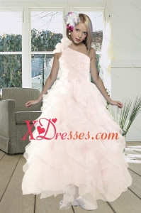 2021 Gorgeous A Line One Shoulder Baby Pink Prom Dress with Beading and Ruffles