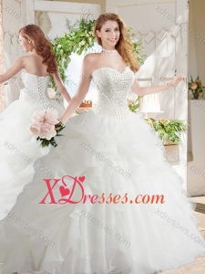 White Ball Gown Sweetheart Organza Court Train Beaded and Bubbles Quinceanera Dress