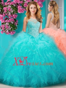 Sophisticated See Through Beaded Scoop Sweet 16 Dress with Ruffles