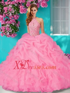 New Style Halter Top Beaded and Ruffled Quinceanera Dress with Brush Train