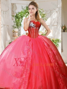 Romantic Puffy Skirt Beaded and Applique Quinceanera Dress in Coral Red