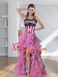 2021 Zebra Printed Strapless High Low Rose Pink Prom Dresses with Embroidery