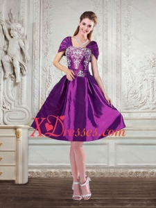 Purple Strapless Embroidery and Beading Prom Dresses with Cap Sleeves