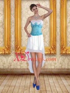 White Sweetheart High Low 2021 Prom Dresses with Blue Embroidery