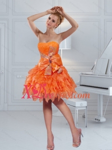 New Style 2021 Orange Strapless Prom Dresses with Ruffles and Bowknot