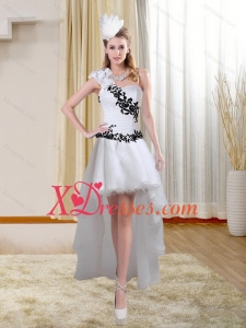 New Style White High Low One Shoulder Prom Dresses with Black Embroidery