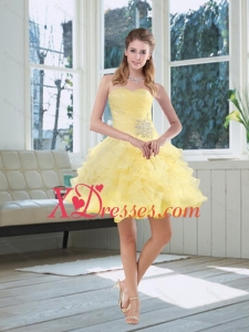 2021 Light Yellow Beading Puffy Prom Dresses with Sweetheart