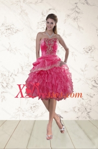 Sexy Coral Red Strapless Prom Dresses with Beading and Ruffles