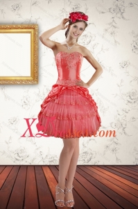 Sexy Strapless Coral Red Prom Gown with Ruffled Layers
