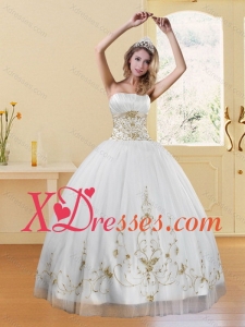2021 New Style Strapless Embroidery White and Gold Dresses for Quinceanera