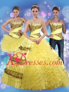 2021 Detachable Yellow Strapless Quinceanera Dress with Beading and Ruffles