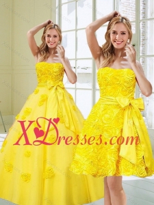 2021 Dynamic Yellow Quinceanera Dresses with Rolling Flowers and Bowknot