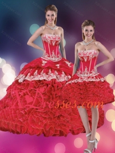2021 Red Strapless Appliques Quinceanera Dresses with Rolling Flowers