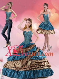 2021 Teal and Brown Sweetheart Sweet 15 Dress with Beading and Ruffled Layers