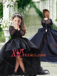Romantic See Through Long Sleeves Little Girl Dress in Navy Blue