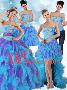 Couture Multi Color Strapless Quinceanera Dress with Ruffles and Sash