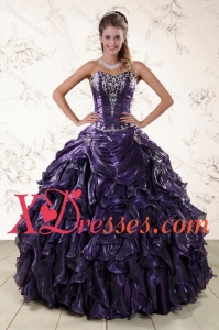 Purple Sweetheart Floor Length Custom Made Quince Gowns Embroidery and Ruffles