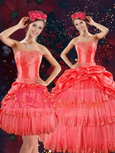 Strapless Custom Made Quinceanera Dresses with Beading and Pick Ups in Coral Red