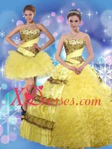 2021 Custom Made Strapless Yellow Quinceanera Dresses with Beading and Ruffles