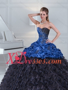 2021 Modest Beading and Pick Ups Blue and Black Sweetheart Custom Made Quince Dresses