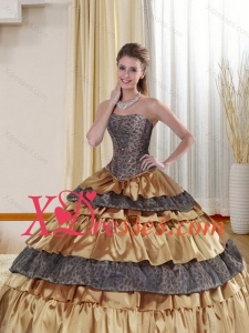 Detachable Strapless Leopard 2021 Gold Custom Made Quince Dress with Ruffled Layers and Beading