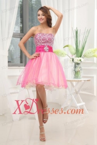 A-line Pink Strapless Beading Tulle Knee-length Prom Dress