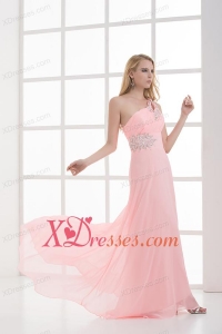 Empire One Shoulder Floor-length Chiffon Light Pink Prom Dress