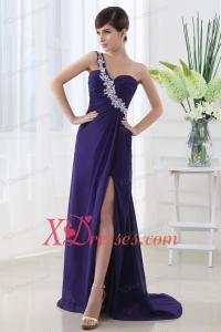 Empire Prom Dress with Ruchings and Beading One Shoulder High Spilt Purple