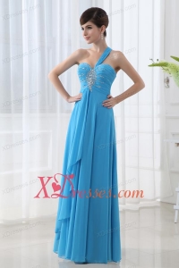 Empire Teal Blue Chiffon Prom Dress with One Shoulder Beading and Ruching