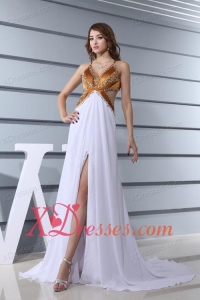 Empire White V-neck Beading Chiffon High Slit Brush Train Prom Dress
