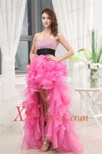 Hot Pink Strapless Belt Beading Ruffles High-Low Organza Prom Dress for 2020