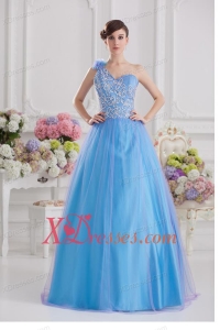 2020 A-line One Shoulder Tulle Blue Quinceanera Dress with Appliques Hand Made Flower