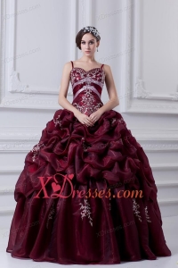 2020 Spaghetti Straps Organza Beading and Appliques Burgundy Quinceanera Dress