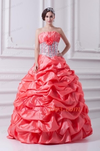 2020 Watermelon Ball Gown Strapless Beading Quinceanera Dress with Side Zipper