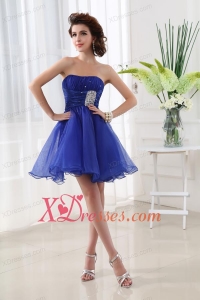 A-line Strapless Beading and Ruching Organza Prom Dress in Blue