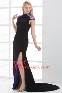 Column High-neck Cap Sleeves Dark Purple Beading High Slit Prom Dress