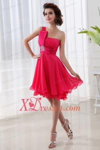 Coral Red A-line One Shoulder Chiffon Ruching Prom Dress