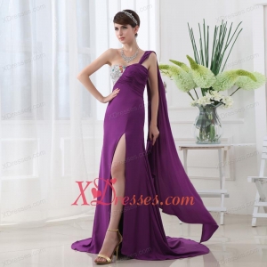 Empire Eggplant Purple Prom Dress with Watteau Trian Strain and Beading Ruching