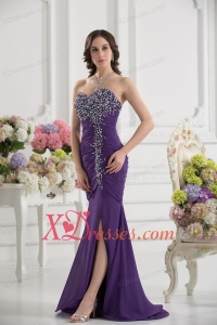 Mermaid Sweetheart Chiffon Beading Ruching Purple Prom Dress