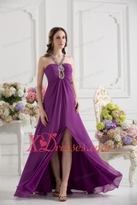 Purple Empire Halter Top Beading Ruching Chiffon Prom Dress