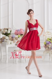 Red Empire Straps Prom Dress with Ribbons and Beading