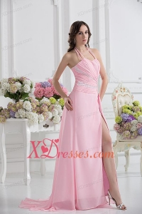 Straps Baby Pink High Slit and Ruching Empire Prom Dress with High Slit