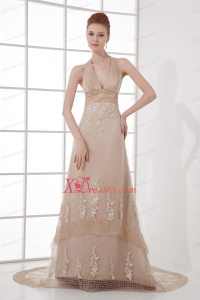 A-line Champagne Halter Top Neck Appliques Backless Court Train Prom Dress